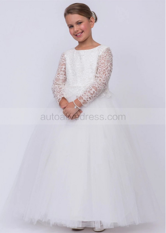 Long Sleeve Ivory Lace Tulle Flower Girl Dress